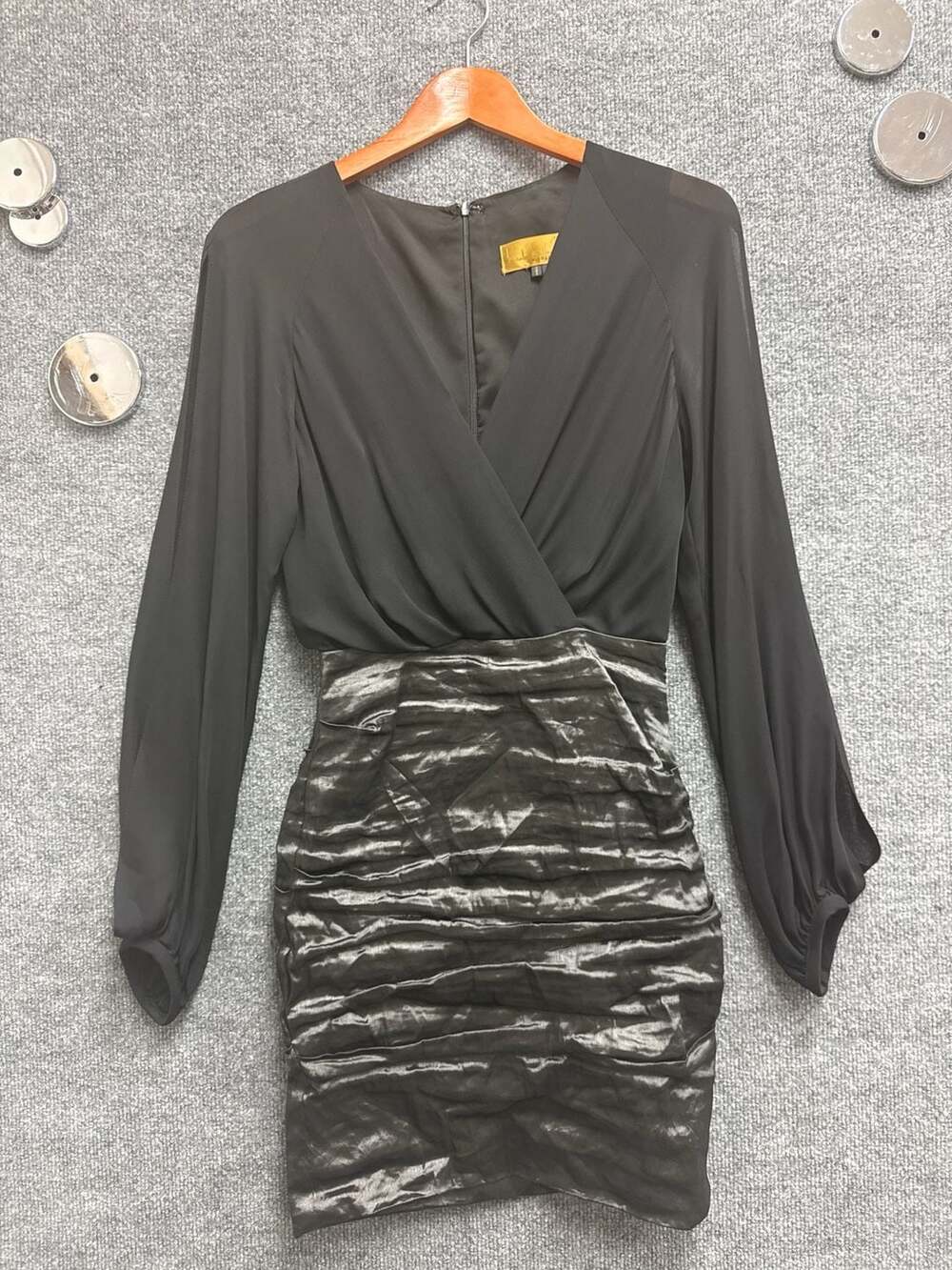 Nicole Miller Mixed Media V-Neck Ruched Metallic Skirt Long Sleeve Mini Dress